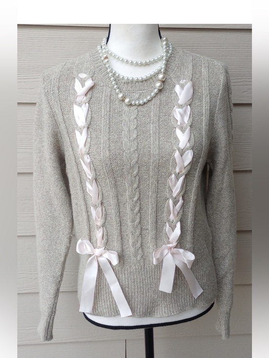 Forward Young Contemporary Sweaters - Forward Young Contemporary Taupe and Pastel Pink Ribbon Corset Bow Sweater